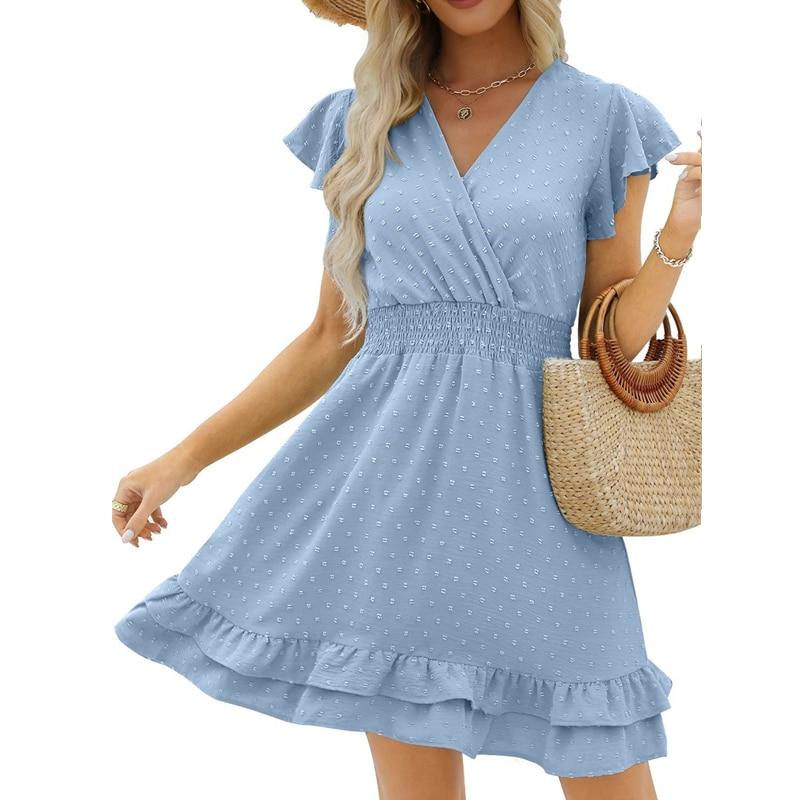 Summer  High Waist White Dress Sweet V-Neck Ruffle Short Sleeve Dot Dress Casual Cotton Linen Beach Mini Dress Vestidos 25628