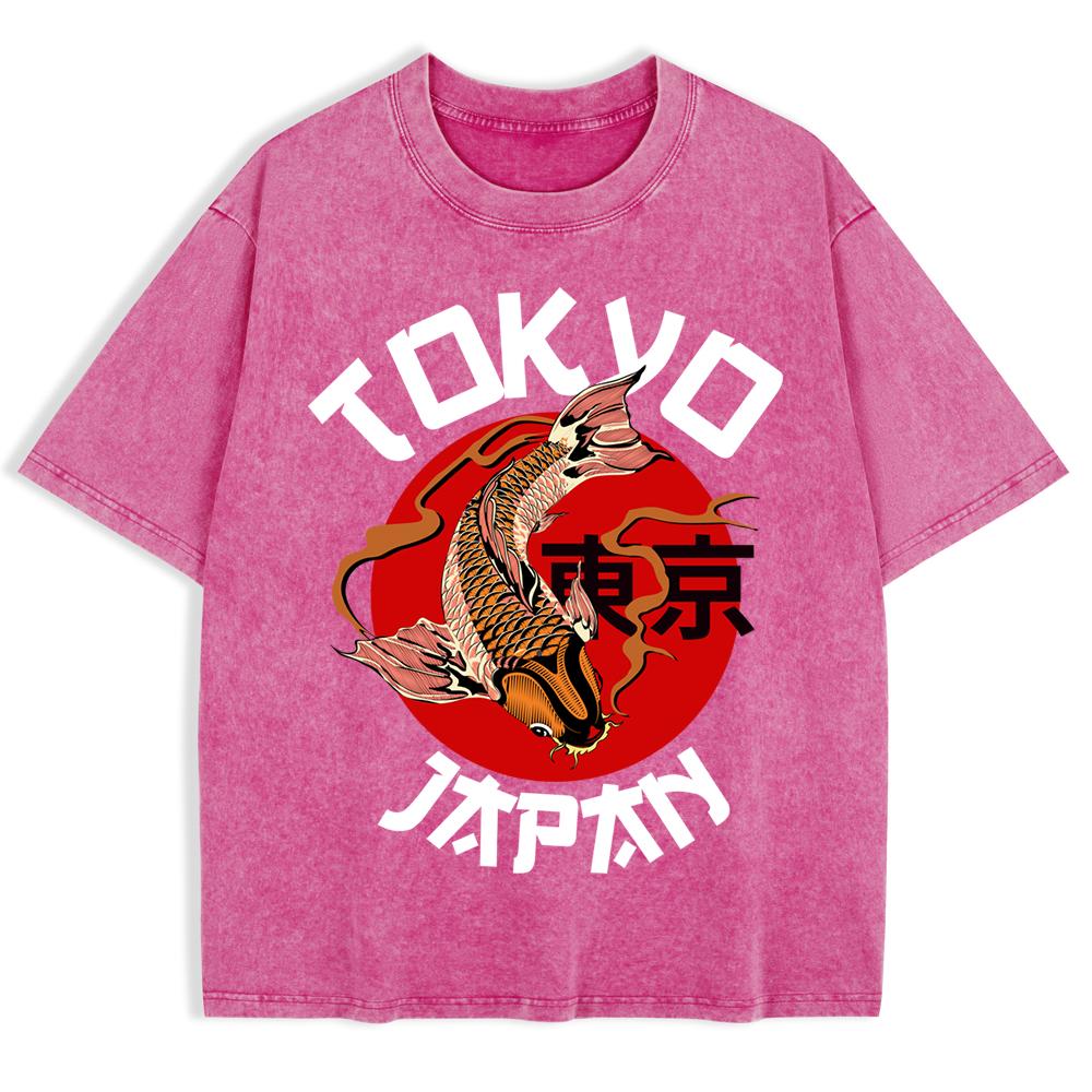 Tokyo Japan Koi Fish Printing Washed T-Shirts Mens Cotton Oversized T Shirt Summer Short Sleeve Tops O-Neck Men Clothes
