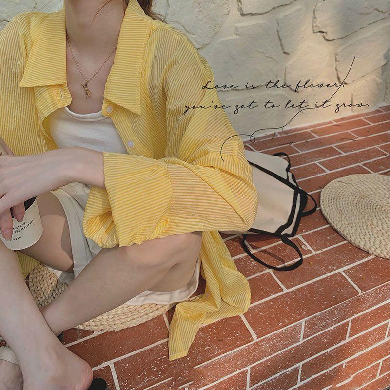 Camicia sottile a maniche lunghe a righe gialle con protezione solare per donna con giacca estiva dal design di nicchia