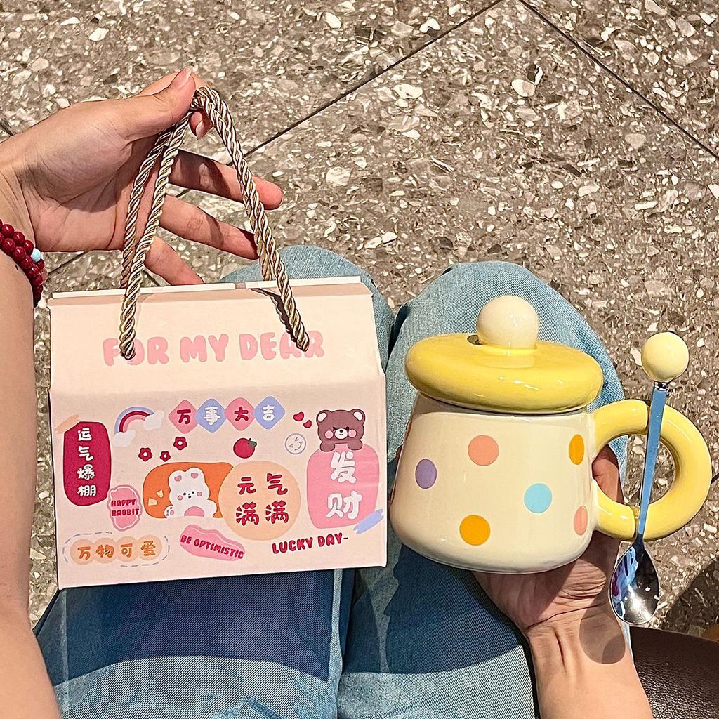 Chubby mug with lid spoon ceramic mug large capacity water cup couple home coffee breakfast cup souvenir