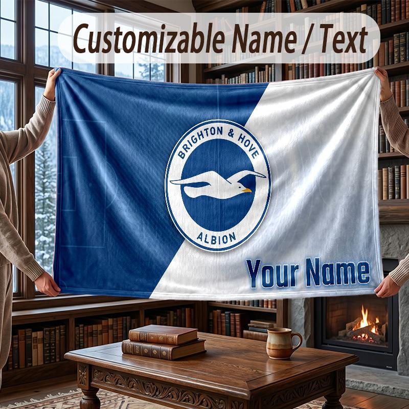 Custom Name Flannel Throw Blanket Brighton & Hove Albion Football Pattern Warm Home Decoration
