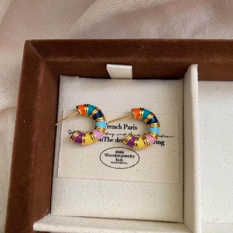 

Rainbow Donuts Sweet Color Enamel Semi-Circle Vintage Fashion Earrings Niche Personality Design High-End Stud Earrings