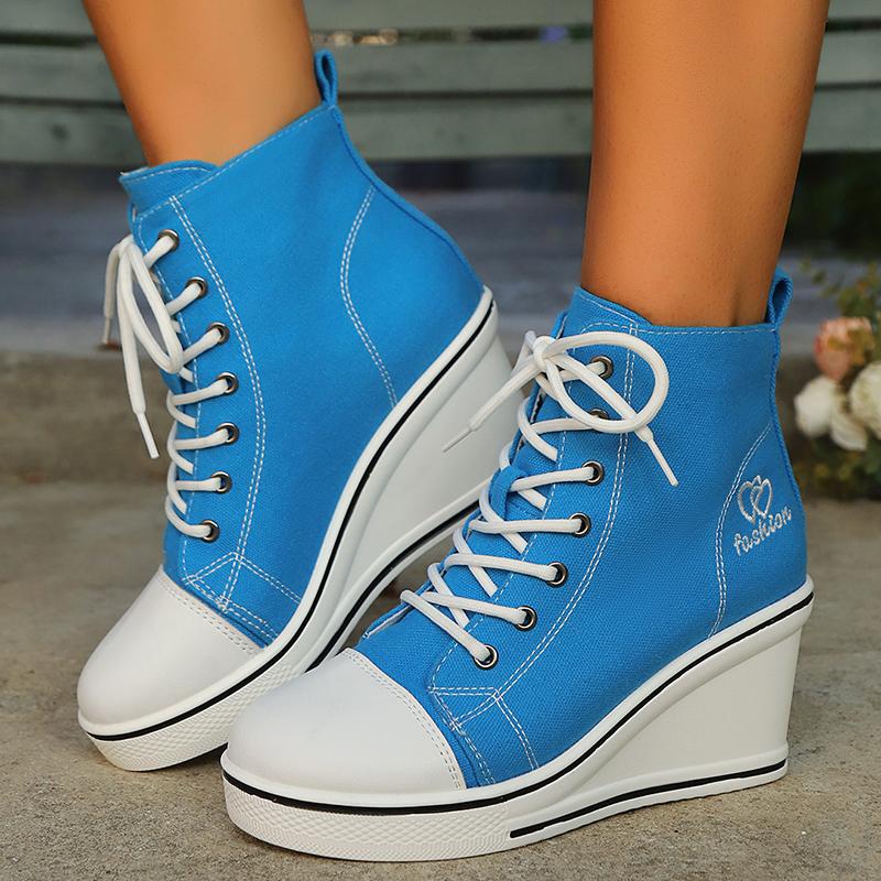Breathable High Top Canvas Sneakers for Women Fashion Wedge Heel Platform Sports Shoes Woman Lightweight Lace Up Casual Sneakers