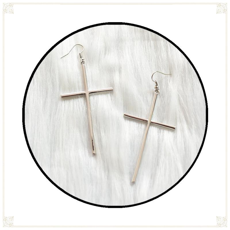 Gothic Minimalist Black Silver Color Large Cross Pendant Dangle Earrings for Women Halloween Party Punk Jewelry Accessories Gift