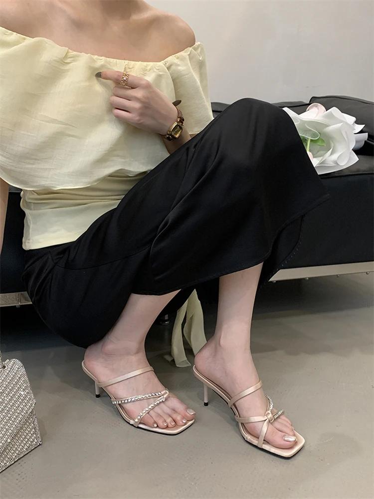 Eilyken New Summer Crystal Diamond Narrow Band Square Toe Women Slippers Thin Heels Stripper Party Slide Shoes