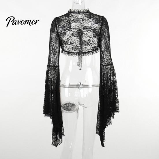 Soft Lace Bell Sleeve Cardigan Vintage Gothic Black T-shirt Elegant Flared Smock Top See Through Sexy Cropped Tops Streetwear Solid Color