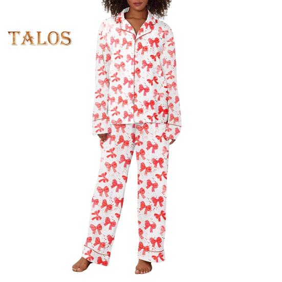 

2 шт./комплект пижамы ко Дню святого Валентина с бантом и лацканами, застегивающаяся на пуговицы рубашка с длинным рукавом, эластичный пояс, широкие брюки, домашняя одежда, повседневный наряд, весенняя одежда для сна L розовый