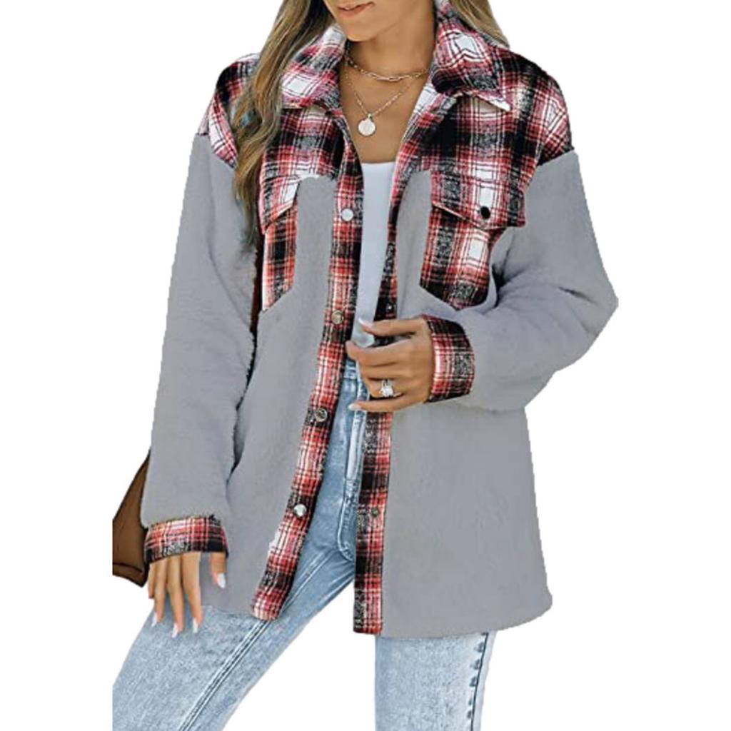 Women's Casual Fashion Lapel Single Breasted Contrast Plaid Plush Coat