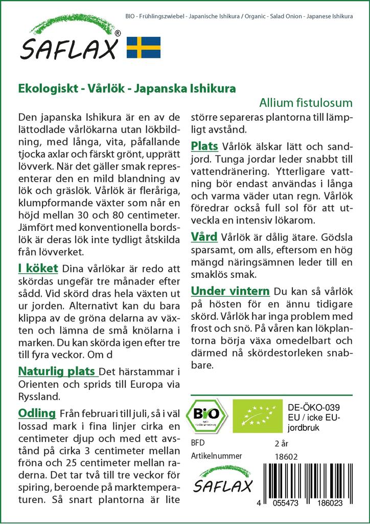 SAFLAX Garden In the Bag - Organic - Salad Onion - Japanese Ishikura - 150 Seeds - With Substrate In a Fitting Stand Up Bag - Allium Fistulosum