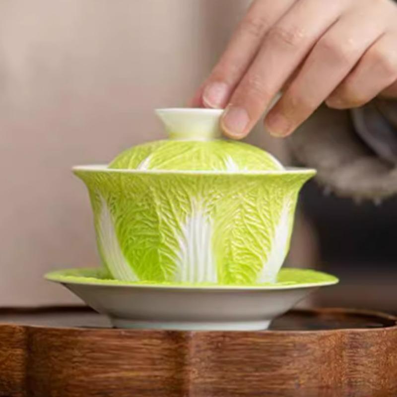 Schafsfett Jade Porzellan Bai Cai Gaiwan Weißes Keramik-Teegeschirr Kreative Haushaltsnutzung Kohlendesign Kung Fu Brautasse mit Deckel
