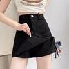 2024 Summer Women's Black Spicy Girl Ruched High Waist Irregular A-line Mini Skirt Pants