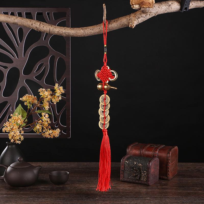Brass Five Emperors Coins Knot Pendant with Cinnabar Fillable Copper Gourd
