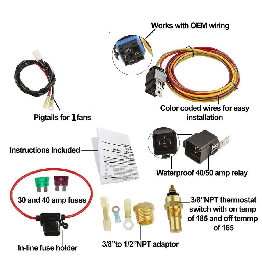 Universal ELECTRIC COOLING FAN WIRING HARNESS INSTALL KIT 185/165 HERMOSTAT 40A RELAY