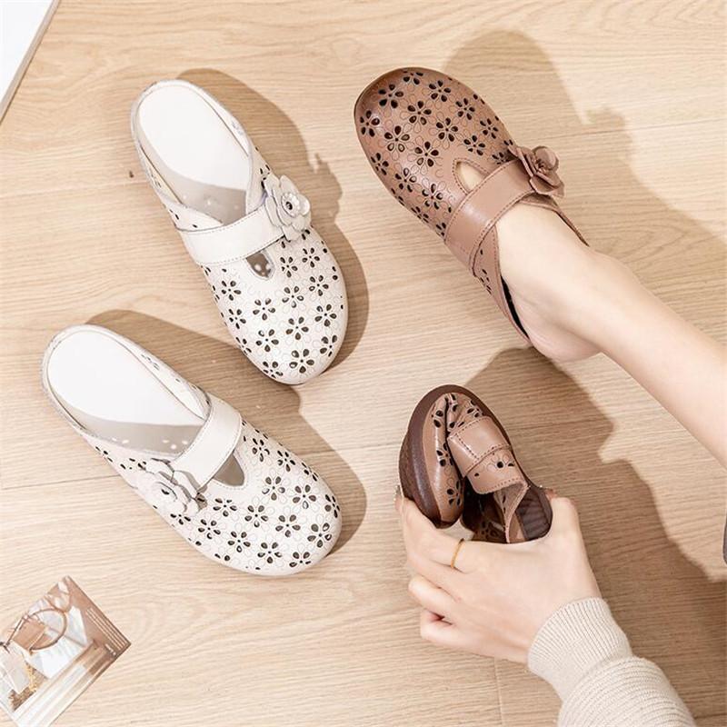 Fashion High Quality Genuine Leather Women's Sandals Women Flat Sandals Retro Mom Shoes Woman Closed Toe Non-Slip Beach Slides Sandals