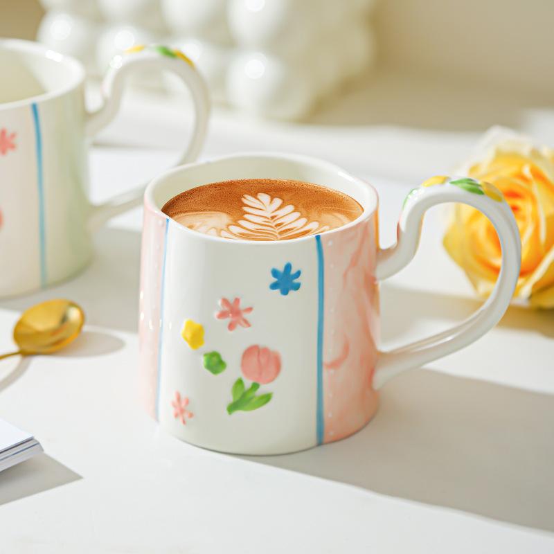 Ceramic Flower Mug Household High-value Women's Hand Cup Breakfast Cup Girl Heart Milk Cup Water Cup Underglaze Color