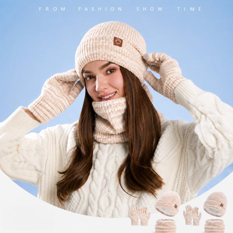 Winter Knitted Hat Scarf Gloves Set Thermal Soft Warm Three Piece Beanie Neck Warmer Touchscreen Gloves Outdoor Daily Wear Women Winter Accessory
