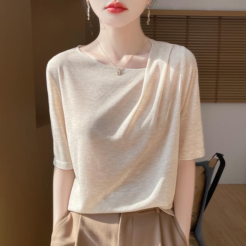 Women's Soft Tencel Round Neck Pullover: Short Sleeve, Pleated Top