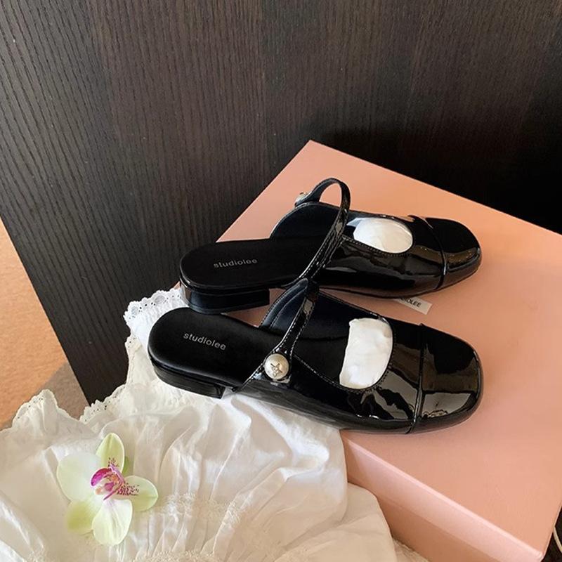 

Grape mother studiolee splicing square round head pearl word with shallow mouth versatile Mary Jane half drag girl spring and summer 41 чёрный