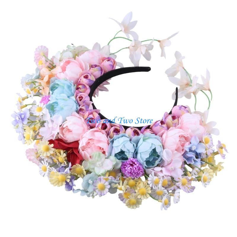 HX6F Flower Crown Headpiece with Double Side Headband for Bridal Women Photo Props