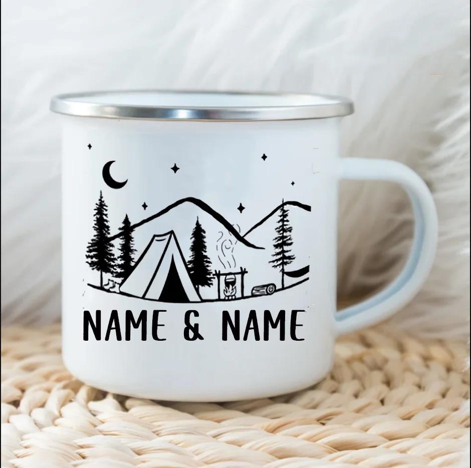 Personlig present Par Emaljmugg Anpassad Namnmugg Mjölk Kaffe Lägereldsmugg Skogsbröllopspresenter Mugg Camping Bergsmuggar