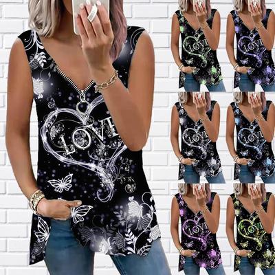 Canotta da donna estiva nuova moda Beautiful Love stampata casual taglie forti senza maniche con cerniera scollo a V canotta