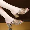Women's Summer Square Heel Open Toe Slippers Fashion Sequins Design Ladies Modern Slippers Elegant Thick Heeled Sandals Slides