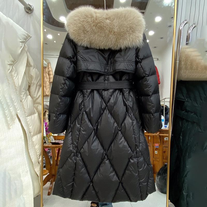 2024 autumn and winter big fur collar down jacket women's medium and long slim belt waist winter fox fur collar jacket