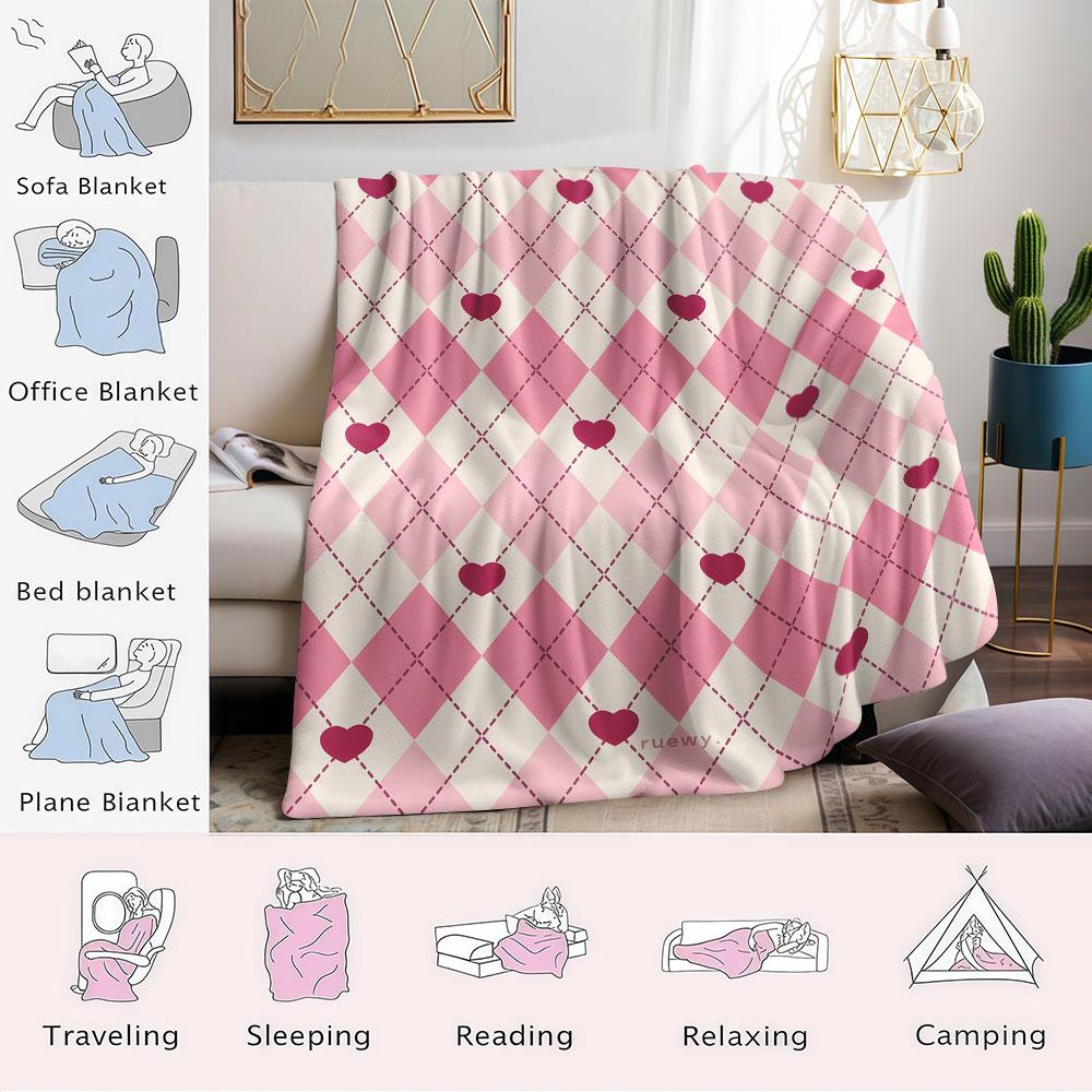 Grid Heart Flannel Blanket Perfect for Sofa Office Bed Travel Sleep Read Relax Camping four season use