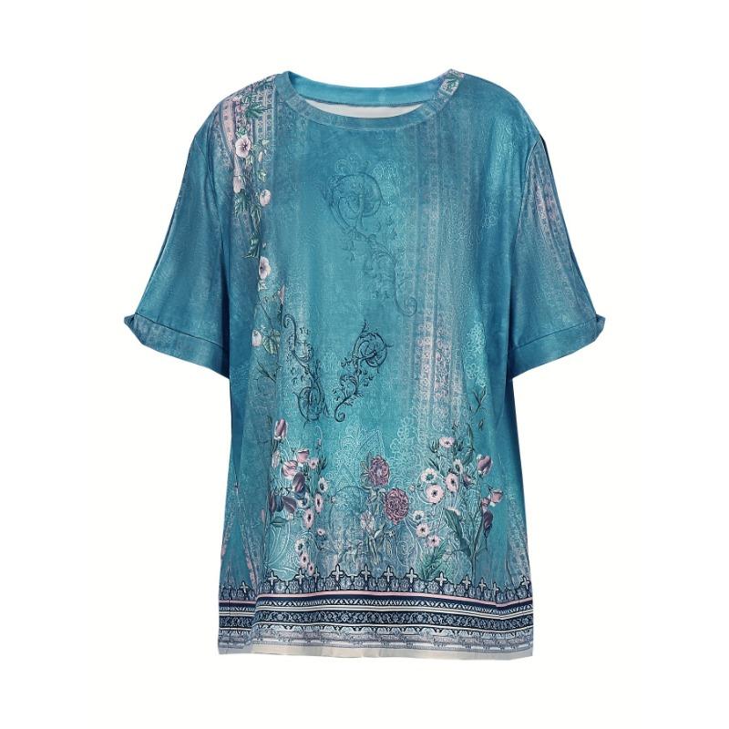 Plus Size 2026 Summer New Arrival Women's T-Shirt Casual Loose-Fit Short-Sleeved Floral Print Vintage Top For Everyday Wear
