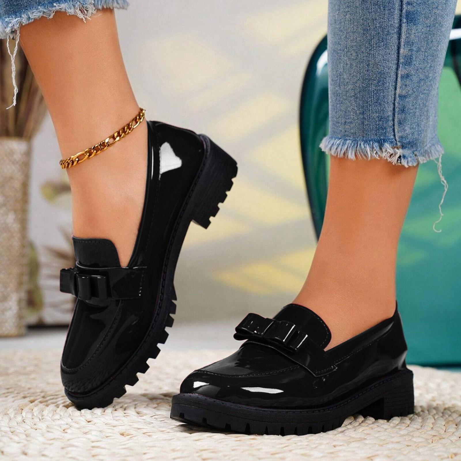 

Women Summer Shoes Women S Fashion Glossy Leather Slip Loafers Retro Mid Heel Solid Color Casual Shoes Shoes For Woman 36