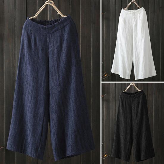 Casual Women Solid Color Elastic Waistband Wide Leg Trousers Loose Long Pants