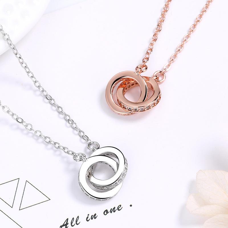 Simple Micro Inlaid Zircon Double Interlocking Circle Pendant Clavicle Necklace For Women