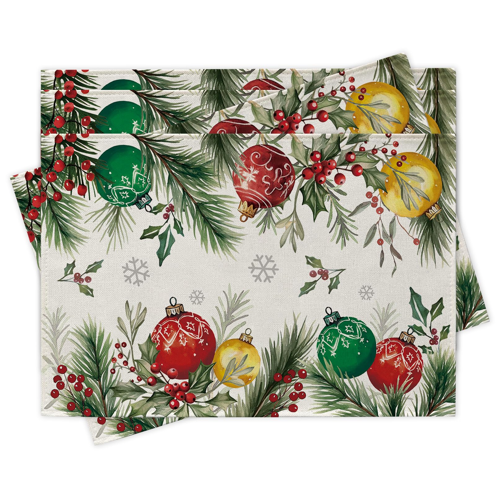

Christmas Ball Placemats Set of 4, Xmas Pine Needle Holly Berry Dining Place Mats Table Decor, Winter Holiday Snowflake Home Kitchen Decoration 4Pcs-12 X18