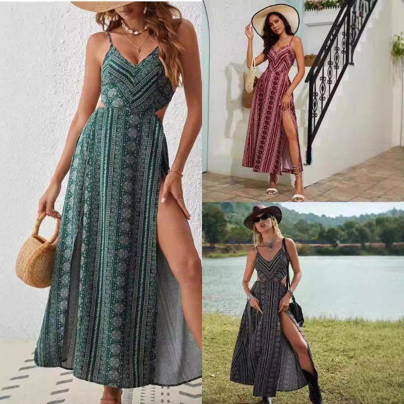 Moda Kadın Yaz Seksi Halter Baskılı Yırtmaçlı Elbise