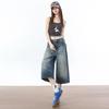 Trendy Summer High Waist Slim Vintage Blue Wide Leg Denim Cropped Capri Pants Loose Straight Versatile Slimming Daily Wear