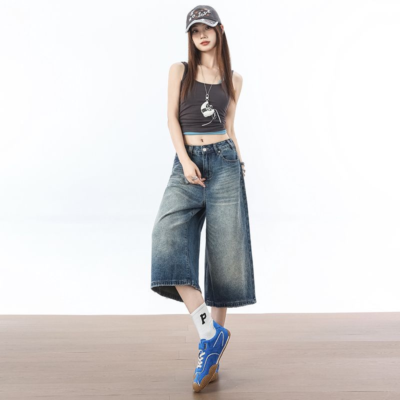 Trendy Summer High Waist Slim Vintage Blue Wide Leg Denim Cropped Capri Pants Loose Straight Versatile Slimming Daily Wear