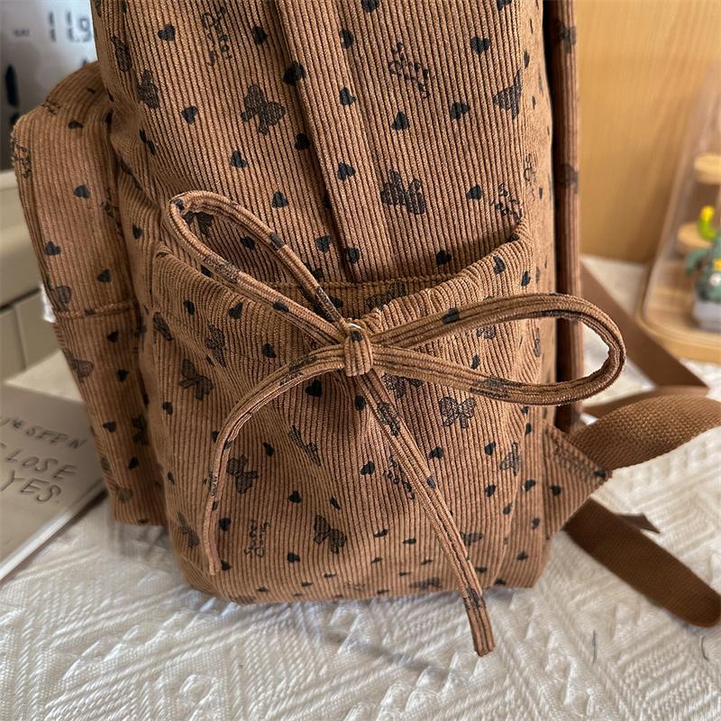 College Style Bow Print Schoolbag Women's Corduroy Backpack Large Capacity Student Backpack