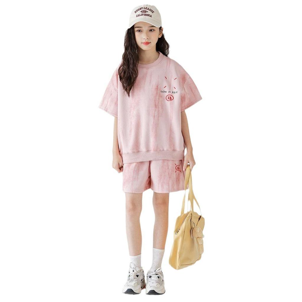 2025 Korean Style Girls' Tie-Dye Short Sleeve Pants Set - Fashionable Big Kid Sports Two-Piece Outfit