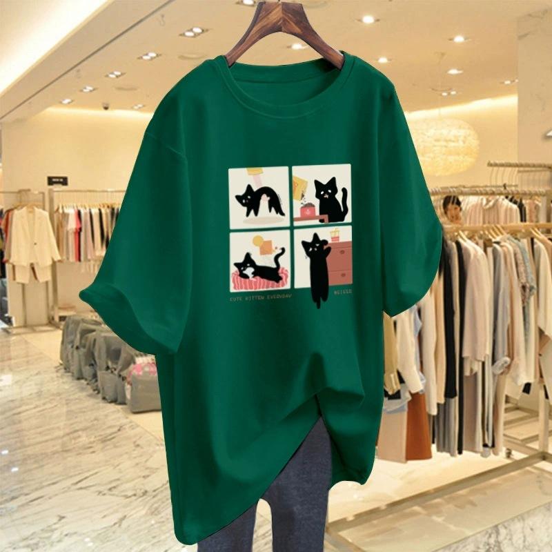 Cartoon Short-sleeved T-shirt Women's Summer New Large Size Loose Medium and Long Half-sleeved T-shirt Pure Cotton Top Bottoming Shirt