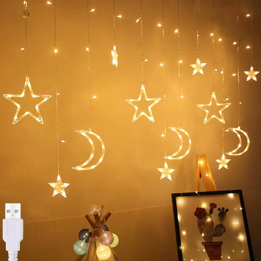 LED Solar/Battery Star Moon Fairy String Lights Waterproof Curtain Lamp with 8 Modes Timer Remote for Outdoor Home Party Decor