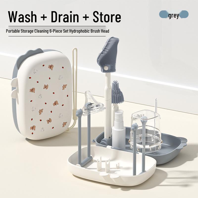 Portable Baby Bottle and Nipple Brush Set with Storage Box - Silicone Cleaning Tool