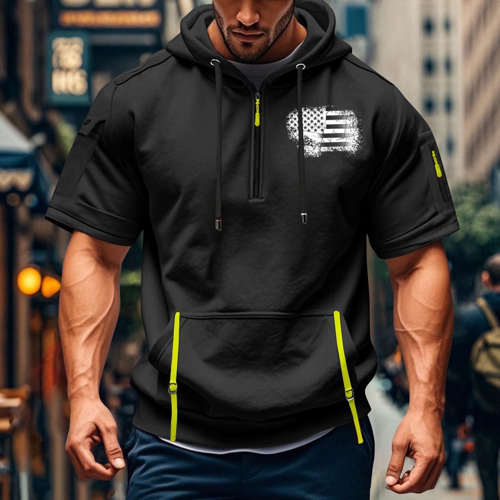 

Мужская летняя рубашка с принтом, карманом на молнии, коротким рукавом, капюшоном, мужская спортивная повседневная толстовка большого размера M чёрный