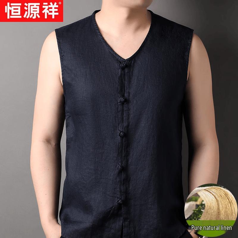 Hengyuanxiang Men s Summer Linen V-Neck Vest 2XL
