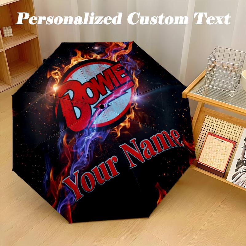 David Bowie Automatic 8‑ribs Umbrella, Custom Name Text Personalized Folding Umbrella Rain Sun Gift
