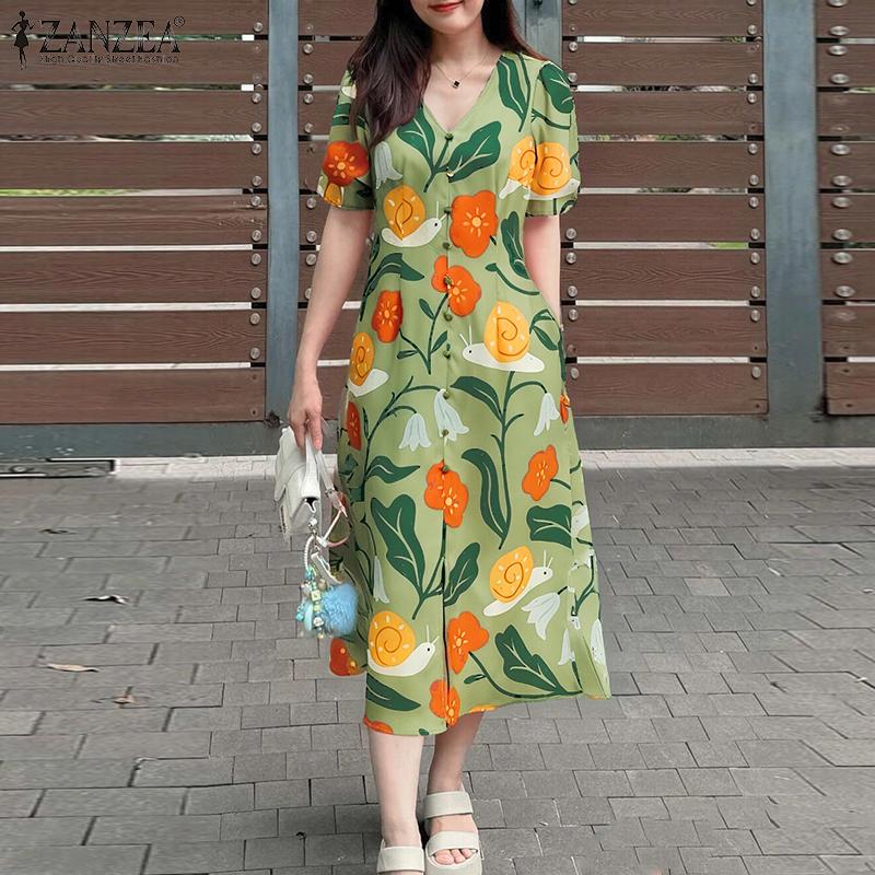 ZANZEA Women Summer V-Neck Boho Print Casual Short Sleeve Dress
