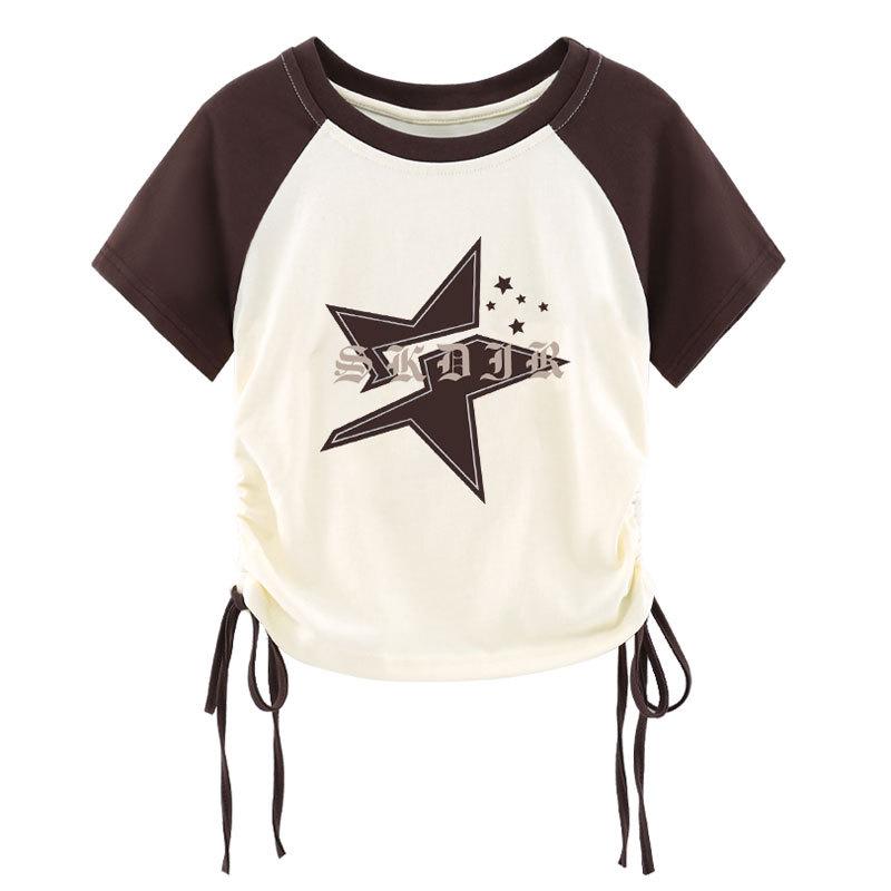 

Женская футболка реглан в американском ретро стиле со звездой: Летний кружевной топ на шнуровке, сладкий и пикантный S [recommended under 40kg] кофейный