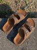 Women's Youth Mules New Spring/Summer Retro Casual Slip-On Shoes Pu Upper Double-Strap Half-Slip Flat Slippers with Adjustable Buckle