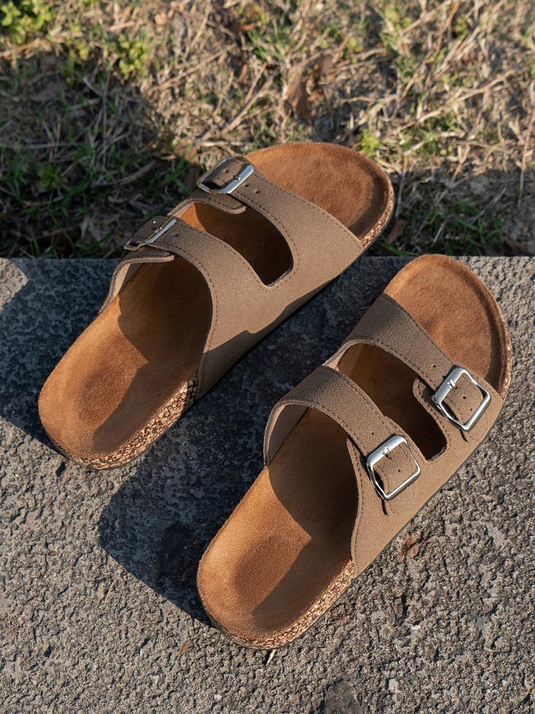 Women's Youth Mules New Spring/Summer Retro Casual Slip-On Shoes Pu Upper Double-Strap Half-Slip Flat Slippers with Adjustable Buckle