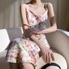 New Women's French Floral Mulberry Silk Satin V-Neck A-Line Camisole Dress - Slimming Summer Style