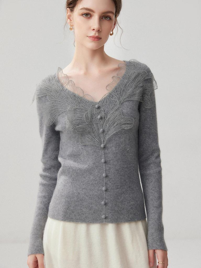 Autumn 2026 Women's Lace V-neck Cashmere Sweater - Elegant Slimming Knitwear